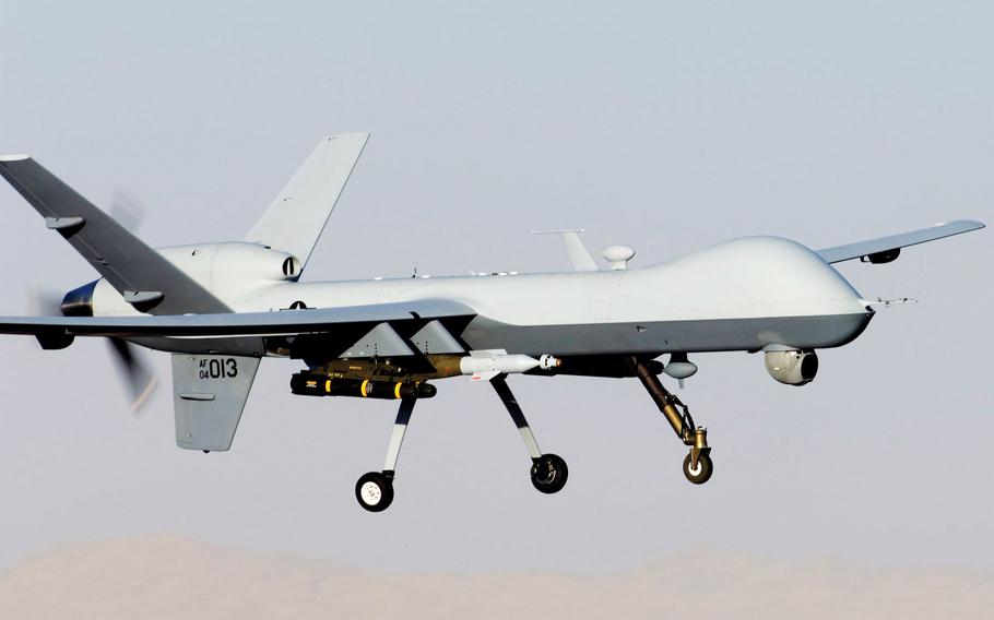 A MQ-9 Reaper lands on an air field in Afghanistan. 