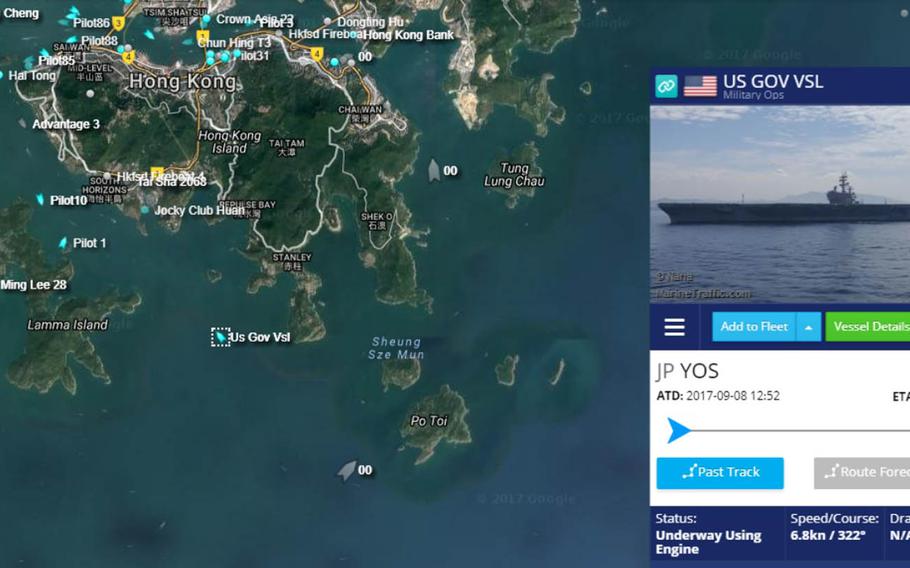 A tweet posted on Sunday, Oct. 1. 2017, that maps the location of a "US GOV VSL" approaching Hong Kong reads: "Reason to believe this is USS Ronald Reagan (CVN 76)."