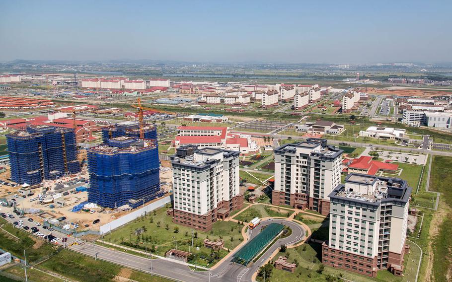 This aerial view of Camp Humphreys, South Korea, was taken on Wednesday, Sept. 13, 2017. Family housing can be seen in the foreground, with grade schools immediately behind them. Barracks are in the distance.
