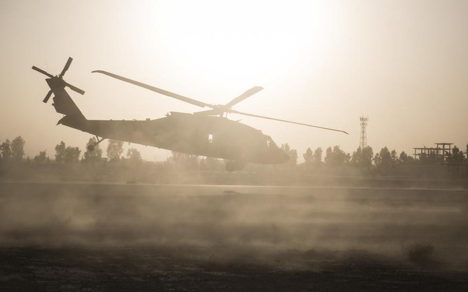 A UH-60 Blackhawk departs from Bost Airfield, Afghanistan, June 10, 2017.
