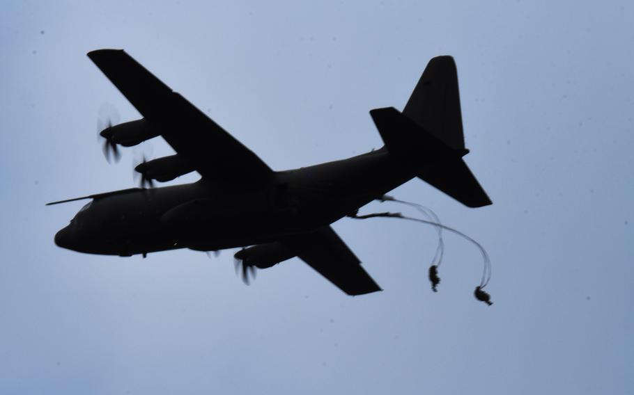 British paratroopers jump out of a C-130 Hercules during U.S. led Exercise Swift Response, Oct. 9, 2017, at Hohenfels, Germany.
