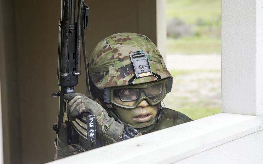 A Japan Ground Self-Defense Force soldier takes part in Military Operations in Urban Terrain training at Camp Pendleton, Calif., Feb. 26, 2017.