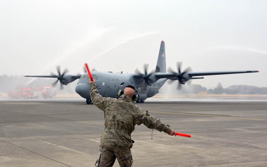A C-130J Super Hercules cargo plane lands at Yokota Air Base, Japan, in March.