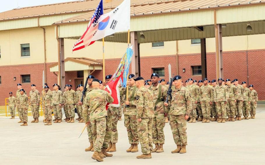The 11th Engineer Battalion unveils its colors for the first time during an activation ceremony at Camp Humphreys, South Korea, Wednesday, Oct. 18, 2017.