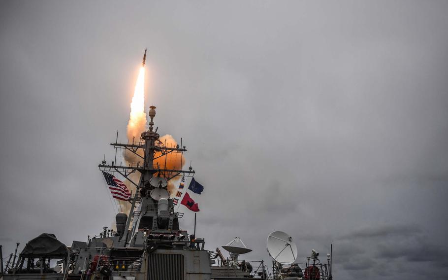 The Arleigh Burke-class guided-missile destroyer USS Donald Cook fires a standard missile 3 during exercise Formidable Shield 2017 in the Atlantic Ocean, Oct. 15, 2017.
