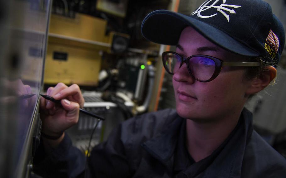 Electronics Technician 2nd Class Nikki Demarest conducts a systems check on a radar aboard the Arleigh Burke-class guided-missile destroyer USS Donald Cook during exercise Formidable Shield 2017 in the Irish Sea, Oct. 2, 2017.