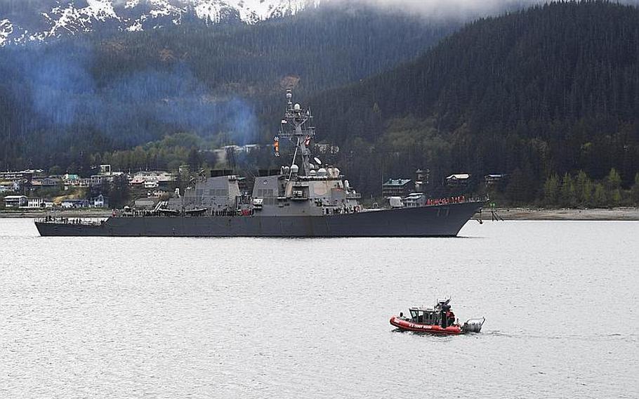 The USS O'Kane arrives in Juneau, Alaska, for a scheduled port visit on May 13, 2017.