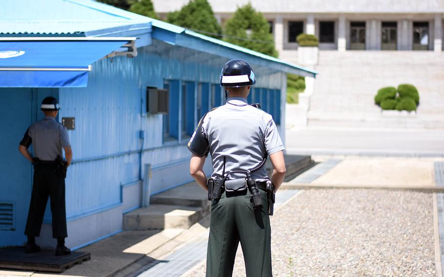 South Korean soldiers guard the Demilitarized Zone's Joint Security Area in May 2017.