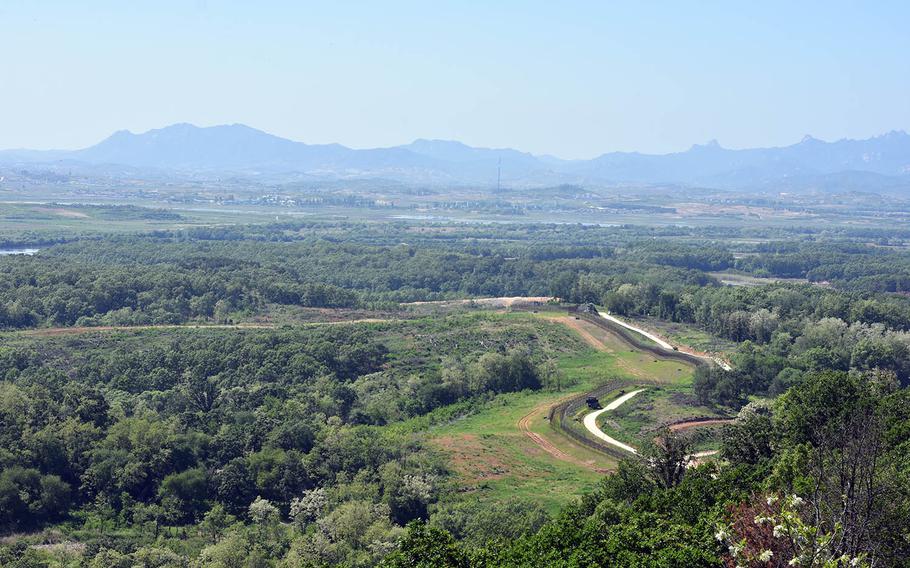 The Demilitarized Zone separating the two Koreas is seen from South Korea's Dora Observatory in May 2017.