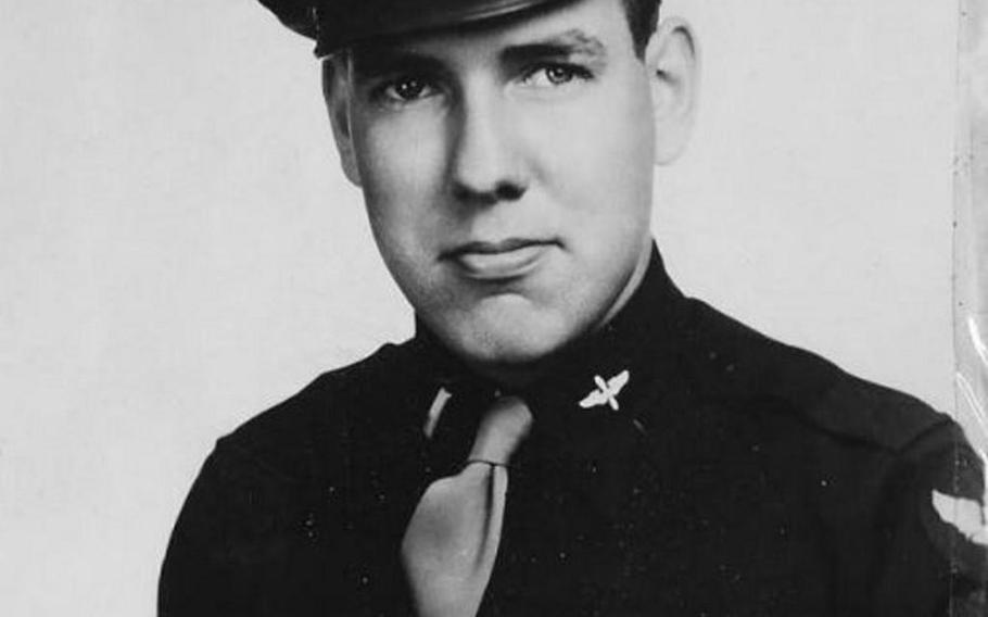 2nd Lt. Lee Lithander, pilot of Pregnant Peggy, B-24 Liberator, of 844th Bomber Squadron, 489th Bomber Group, 8th Army Air Corps. Lithander died in 1944 when his plane collided with another bomber on a mission in Germany.