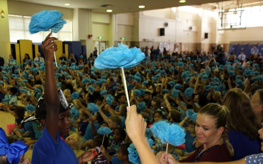 Students at Edward C. Killin Elementary School at Camp Foster, Okinawa, celebrate being named a National Blue Ribbon School for 2017 by the Department of Education, Friday, Oct. 20, 2017.