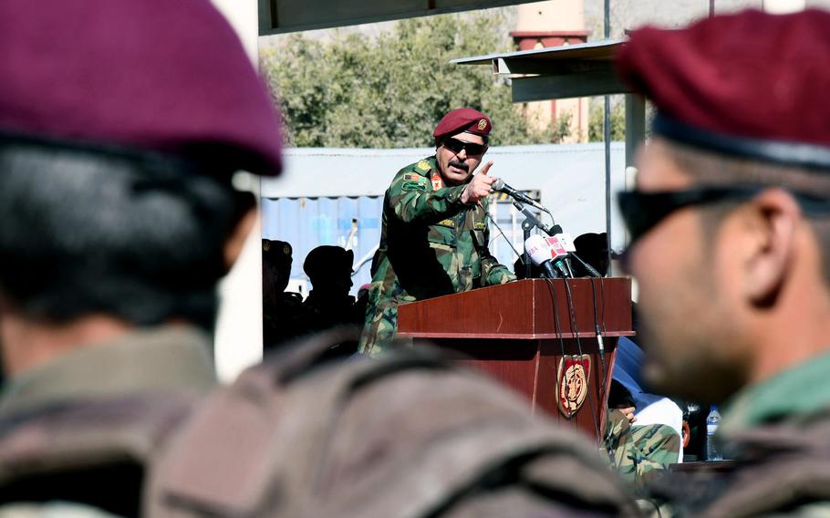 Gen. Bismillah Waziri, commander of the Afghan National Army's Special Operations Corps, speaks to new commandos at a graduation ceremony in Kabul on Wednesday, Oct. 25, 2017.