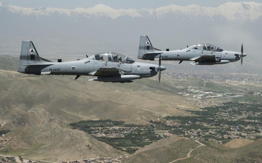 A two-ship formation of A-29 Super Tucanos fly over Kabul, Afghanistan during a mission on April 28, 2016. The A-29 Super Tucanos are the Afghan Air Force's newest addition to the inventory.