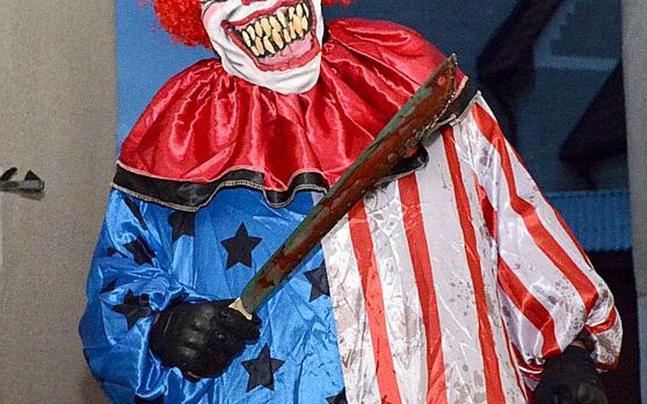 A soldier from the 1st Battalion, 4th Infantry Regiment transformed into a killer clown in the Haunted Village at the Hohenfels Training Area, Germany, on Oct. 28, 2017. The 1st Battalion, 4th Infantry Regiment ran the village.