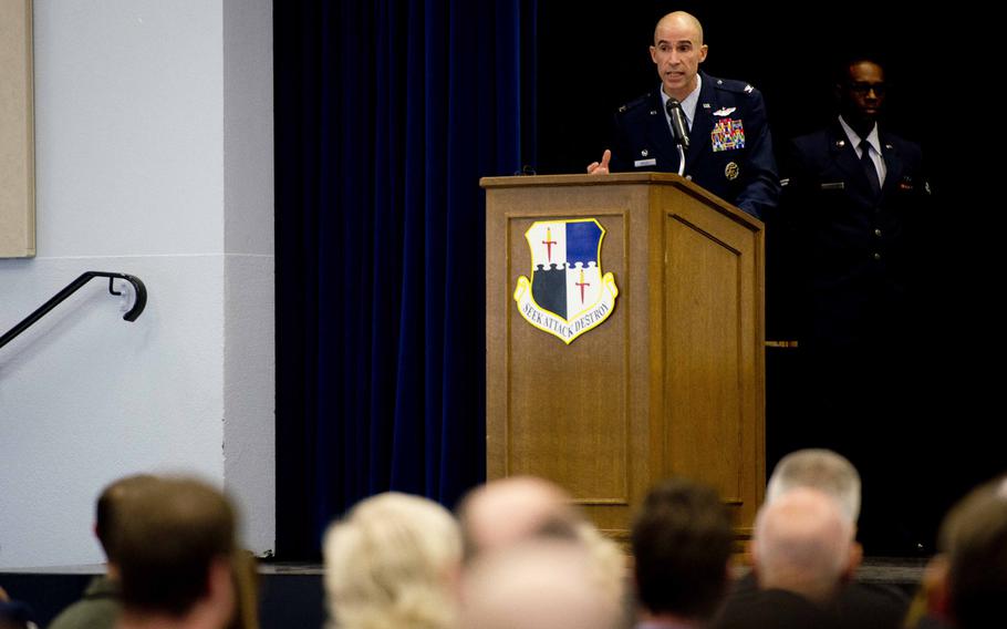 Col. Jason Bailey, 52nd Fighter Wing commander, speaks during a ceremony to turn over the Bitburg Annex housing area to the German government in Bitburg, Germany, on Monday, Nov. 6, 2017.