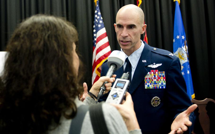 Col. Jason Bailey, 52nd Fighter Wing commander, speaks to reporters after a ceremony to turn over the Bitburg Annex housing area to the German government, Monday, Nov. 6, 2017.