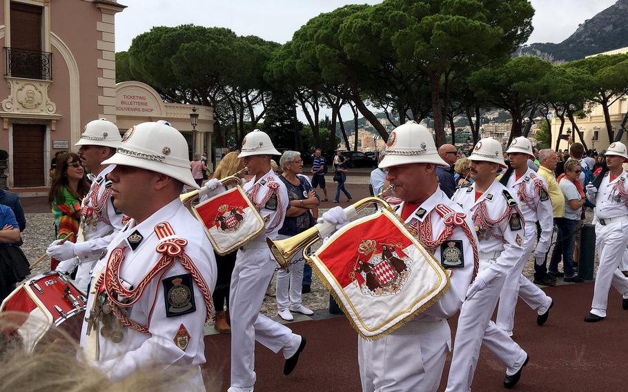 The marching band of the Carabiniers du Prince, Monaco?s tiny army, during a change of guard ceremony in September. The service?s rank and file are from both Monaco and France, but the officers are all French.