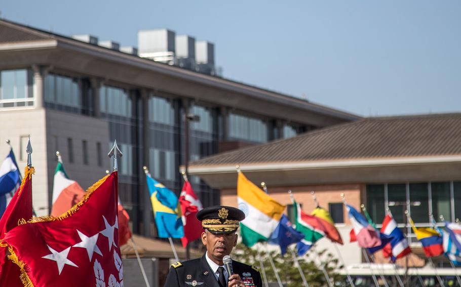 Gen. Vincent Brooks, U.S. Forces Korea commander, speaks during a Veterans Day ceremony at Camp Humphreys, South Korea, Saturday, Nov. 11, 2017.