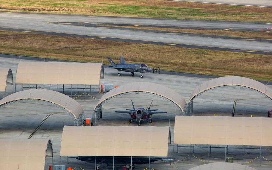 An F-35B Lightning II stealth fighter arrives at Marine Corps Air Station Iwakuni, Japan, Nov. 9, 2017.