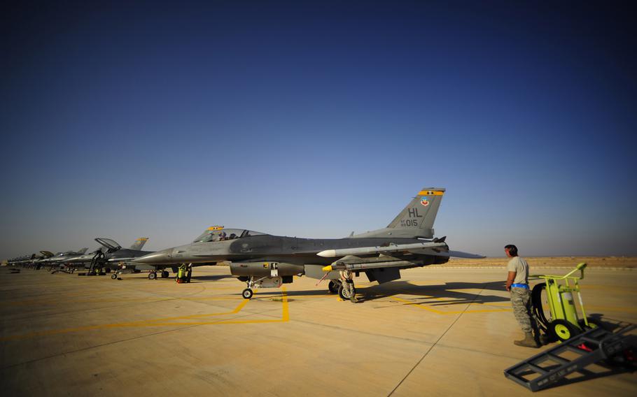 Air Force Staff Sgt. Nicholas Anderson from the 388th Aircraft Maintenance Squadron at Hill Air Force Base, Utah, awaits the start of an exercise at Muwaffaq Salti Air Base, Jordan, in 2011. The Pentagon wants to pump $143 million into upgrades at the base, more than at any other overseas Air Force operational site.