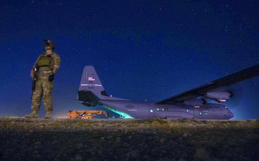 A security team from the 1st Battalion, 153rd Infantry Regiment provides security for a C-130J May 26, 2017, during a cargo mission in Somalia, supporting the Combined Joint Task Force-Horn of Africa. Increasing U.S. airstrikes against the extremist group al-Shabab are part of an effort to buy time for the fledgling Somalian military.