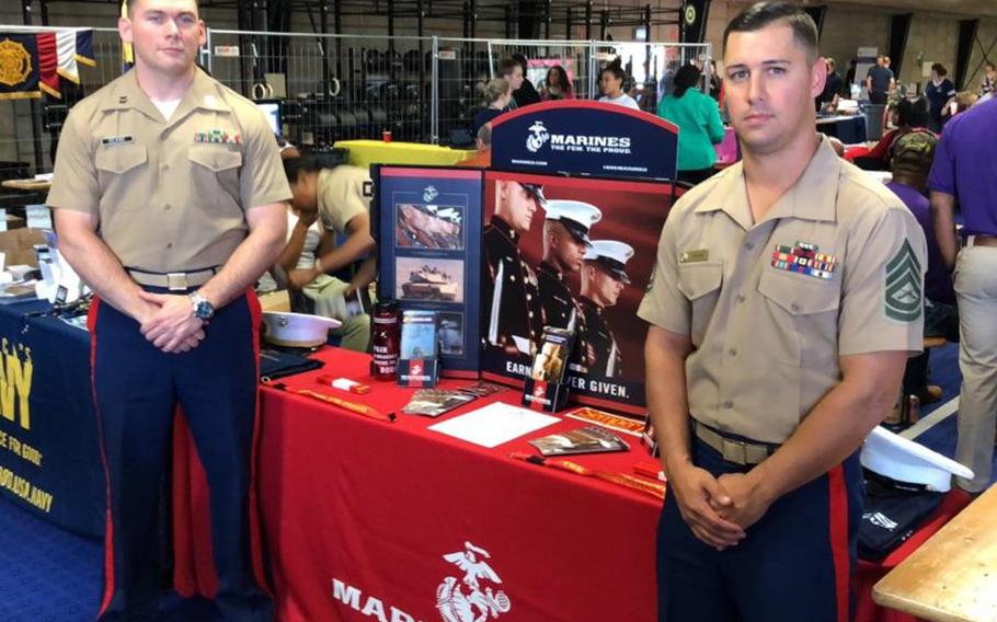 Capt. Patrick Dean and Gunnery Sgt. Christopher Nieves at the Kaiserslautern Career Fair recently. The Marine Corps is opening its first full-time recruiting office outside the United States, in Kleber Kaserne, Germany, in February.