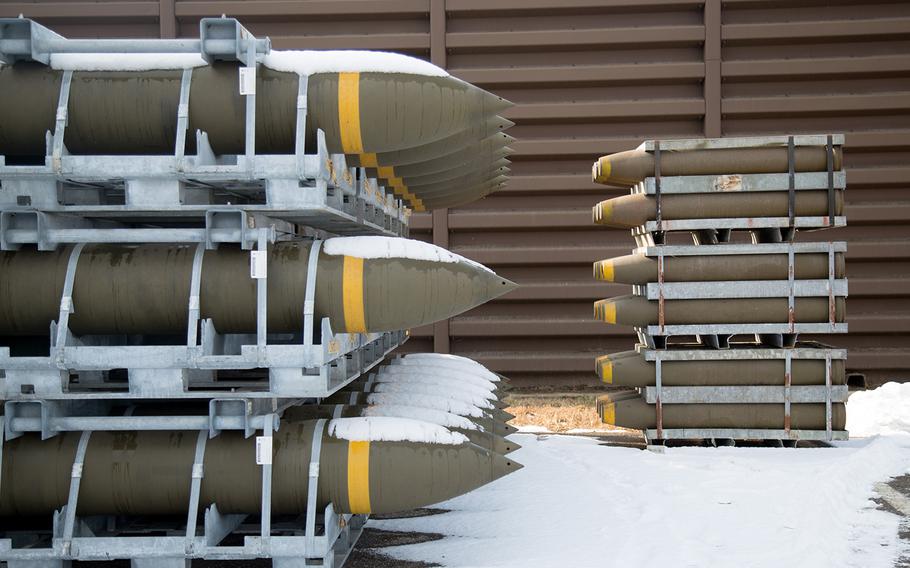 Bombs weighing 2,000 and 500 pounds are displayed at Osan Air Base, South Korea, Wednesday, Dec. 6, 2017.