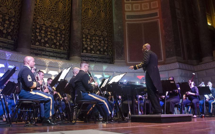 The U.S. Army Europe band and chorus performs during a Christmas concert at the Kurhaus in Wiesbaden, Germany, Wednesday, Dec. 6, 2017. The band played Christmas favorites ranging from Handel's "Messiah" to the "Nutcracker" suite.