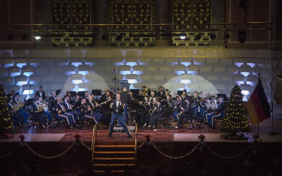 The U.S. Army Europe band and chorus performs during a Christmas concert at the Kurhaus in Wiesbaden, Germany, Wednesday, Dec. 6, 2017. The neoclassical Kurhaus served as an impressive venue for the performance, held for six straight years there.
