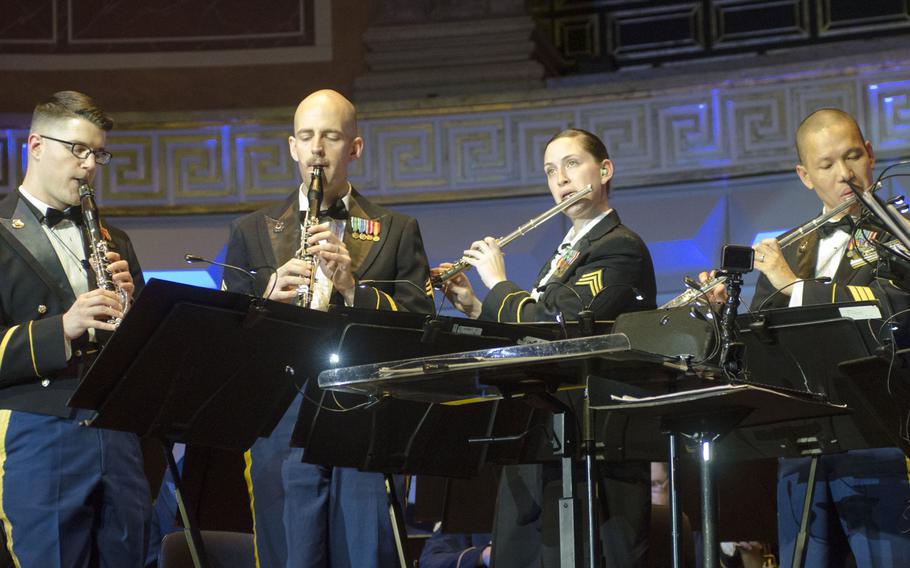Members of the U.S. Army Europe band play a flute and clarinet solo during a Christmas concert at the Kurhaus in Wiesbaden, Germany, Wednesday, Dec. 6, 2017. The two-hour-long concert featured classics such as Handel's "Messiah" and "Winter Wonderland."