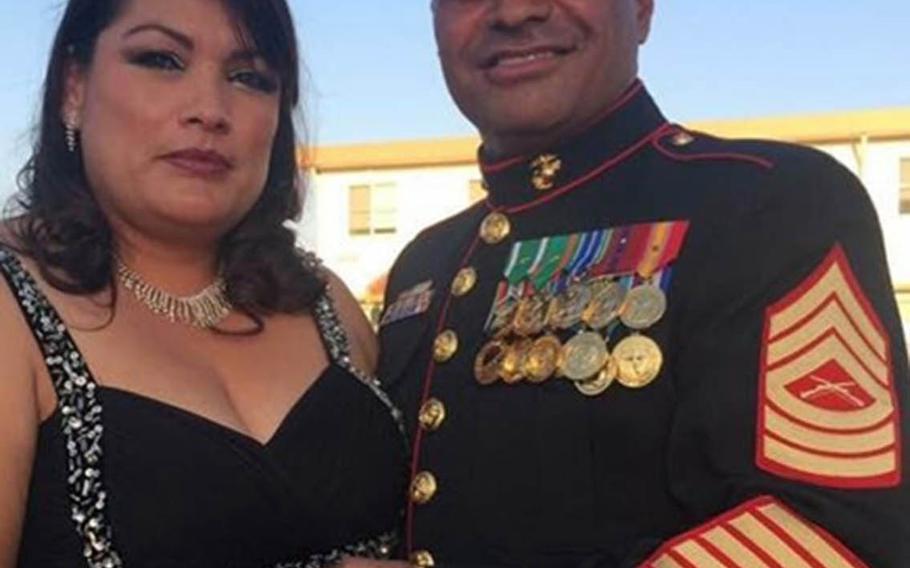 Marine Master Sgt. Hector Trujillo, seen here with his wife, Maria, was critically injured while aiding Japanese crash victims on the Okinawa Expressway, Dec. 1, 2017.