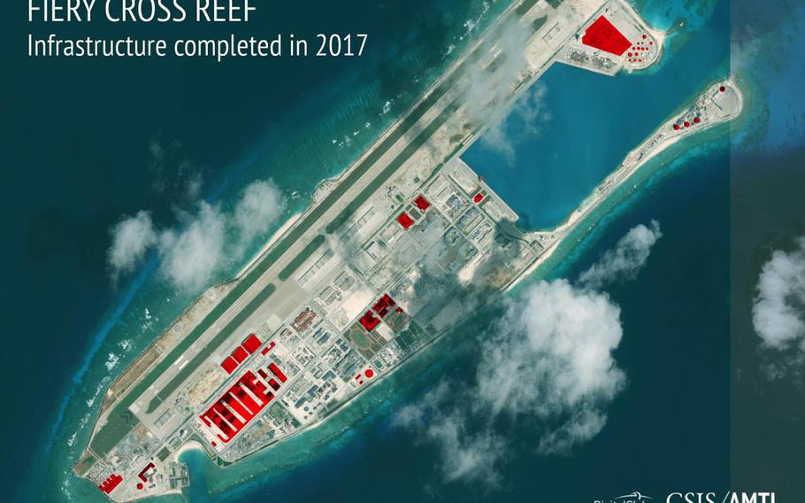 Fiery Cross Reef saw the most construction over the course of 2017, with work on buildings covering 27 acres, according to a recent report by the Asia Maritime Transparency Initiative.