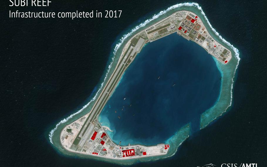 Subi Reef saw considerable building activity in 2017, with work on buildings covering about 24 acres, according to a recent report by the Asia Maritime Transparency Initiative.