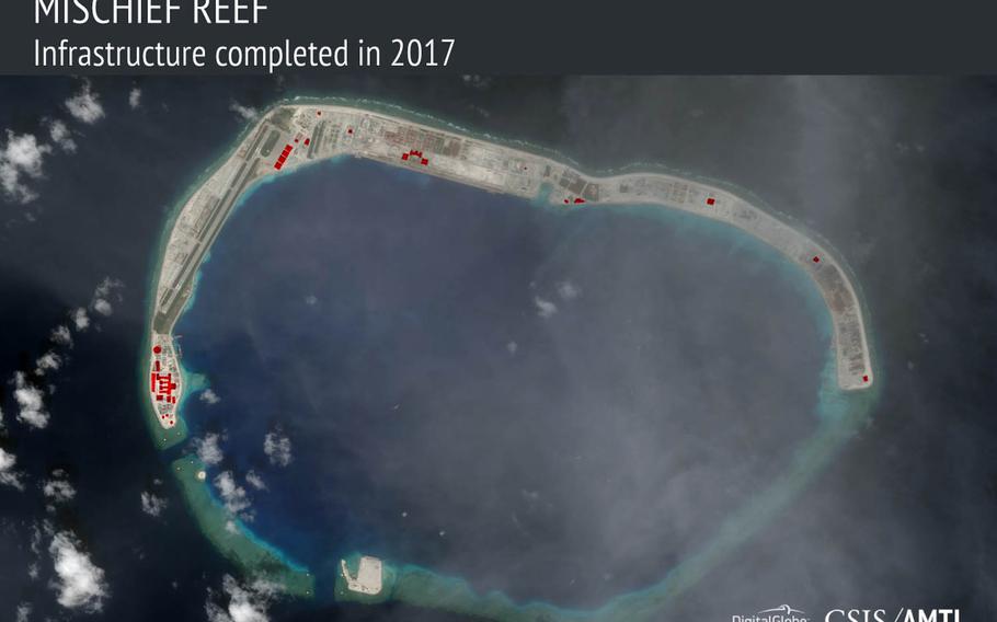 In 2017, construction was undertaken on buildings covering 17 acres on Mischief Reef, according to a recent report by the Asia Maritime Transparency Initiative.