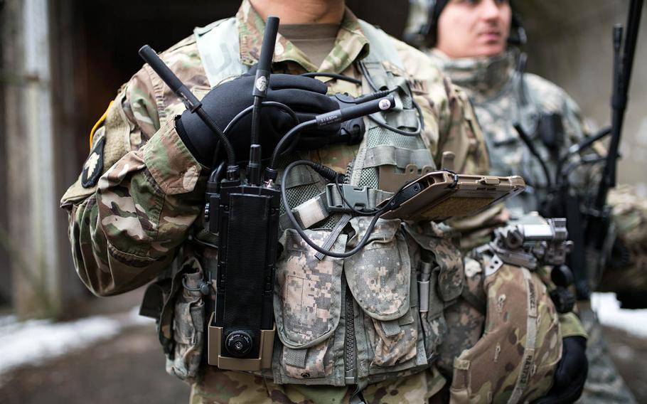 A solider is equipped with the MPU5 radio system and tablet at Camp Stanley, South Korea, Friday, Dec. 15, 2017.