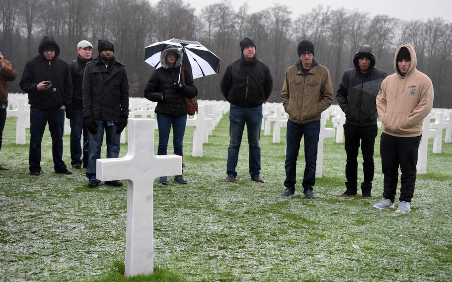 Soldiers and families from the Grafenwoehr Training Area gather at the Luxembourg American Cemetery and Memorial to pay respects, Saturday, Dec. 16, 2017.