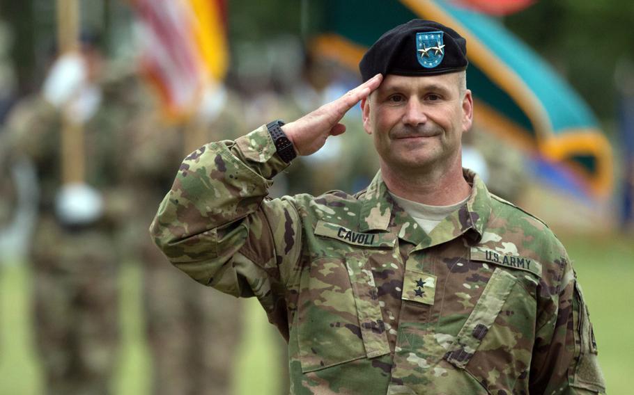 Maj. Gen. Christopher Cavoli salutes moments after receiving his second star during his change-of-command ceremony held at Grafenwoehr, Germany on July 15, 2016. Cavoli is reported to be the Army's pick to command the mission in Europe.