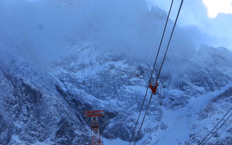 The new record-breaking gondola and support tower, leading up to the summit of the Zugspitze, in Garmisch, Germany, Tuesday, Dec. 19, 2017.