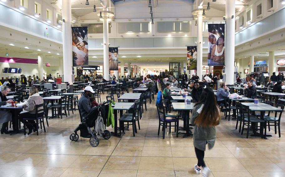 The food court at the Kaiserslautern Military Community Center on Ramstein Air Base, Germany, Tuesday, Dec. 19, 2017. The KMCC is a popular hangout for kids after school. Some teens are causing trouble at the mall, prompting base officials to enforce the confiscation of dependent ID cards if Security Forces gets involved.