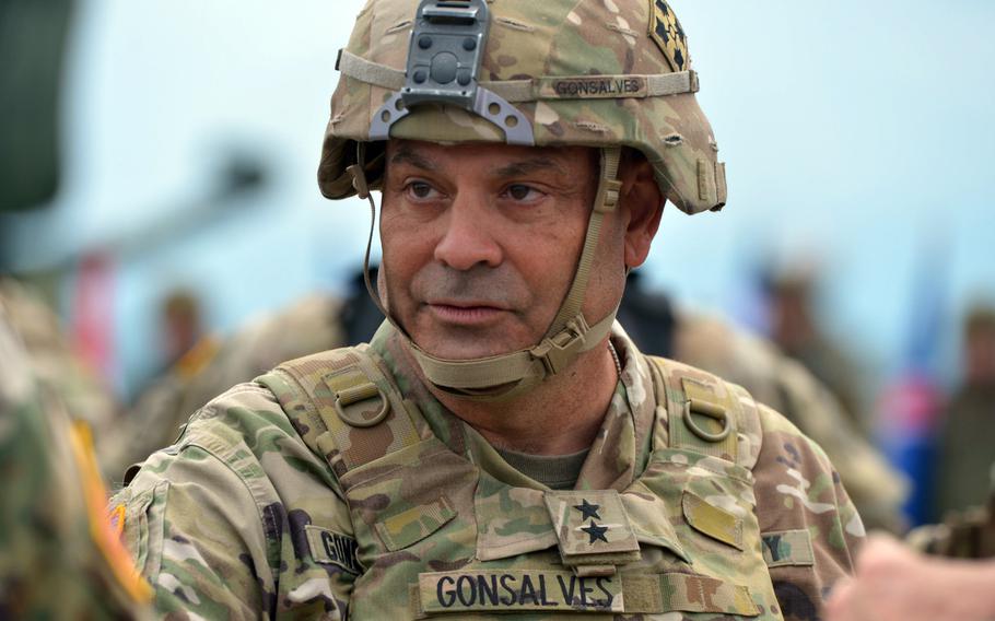 Maj. Gen. Ryan Gonsalves talks to fellow officers after a live-fire demonstration at the Saber Guardian exercise near Cincu, Romania, July 15, 2017. The Army took administrative action against Gonsalves for comments he made to a congressional staffer.