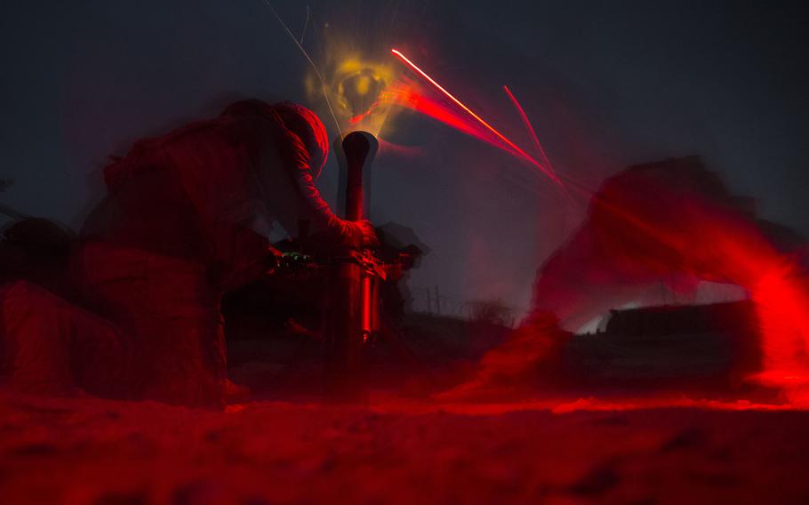 U.S. Army soldiers with Alpha Company, 2-501st Parachute Infantry Regiment, fire an 81 mm mortar in support of the Afghan National Army during operation Maiwand 10 in Helmand province, Afghanistan, Dec. 26, 2017.