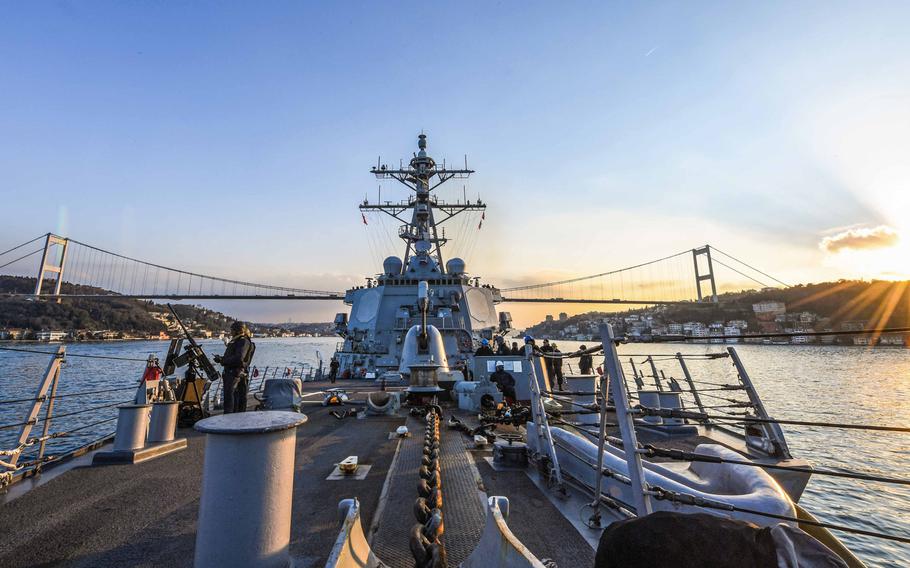 USS Carney transits the Bosporus, Jan. 5, 2018, on its way to a Black Sea rotation.