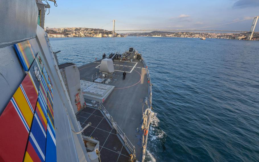 USS Carney transits the Bosporus, Jan. 5, 2018, on its way to a Black Sea patrol.