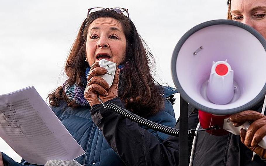 Monica Medina, an Army veteran and former special assistant to the secretary of defense for former Defense Secretary Leon Panetta, speak Monday, Jan. 8, 2018 outside the Pentagon during a demonstration against sexual harassment and assault in the military that organizers called the #metoomilitary Stand Down. The event, organized by the Service Women's Action Network, was held near the Pentagon's Metro entrance as Defense Department workers entered the building.