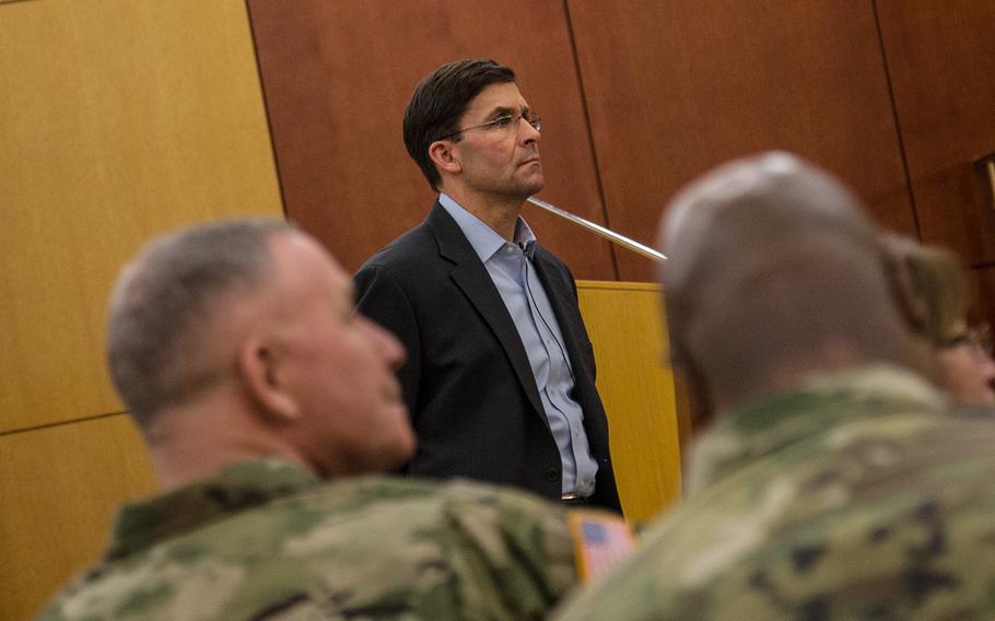 Secretary of the Army Mark Esper takes part in a town-hall meeting at Camp Humphreys, South Korea, Tuesday, Jan. 9, 2018.