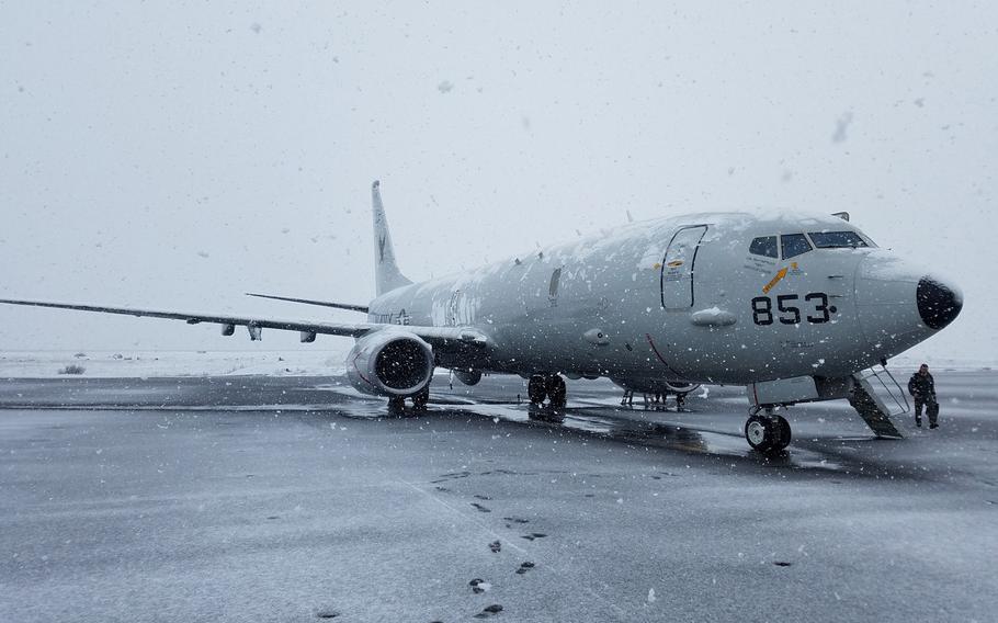 A P-8A Poseidon aircraft assigned to Patrol Squadron 16, arrives in Keflavik, Iceland, for anti-submarine warfare training, April 18, 2017. The Navy has been allotted nearly $36 million in the two most recent defense budgets to refurbish a hangar for the aircraft.