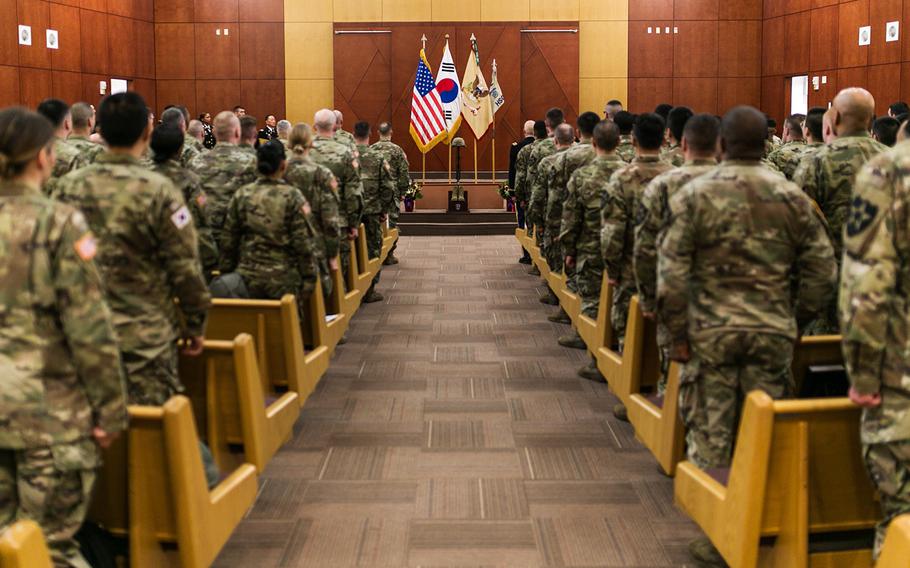 Soldiers pay their tributes to Staff Sgt. Kyle LeFlore during a memorial service at Camp Humphreys, South Korea, Thursday, Jan. 11, 2018.