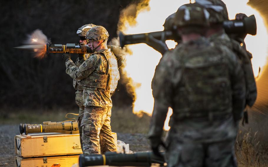 U.S. Army 1st Lt. Gerard Holodak, with the 17th Combat Sustainment Support Battalion, fires an M136E1 AT-4 at Joint Base Elmendorf-Richardson, Alaska, Oct. 12, 2017.