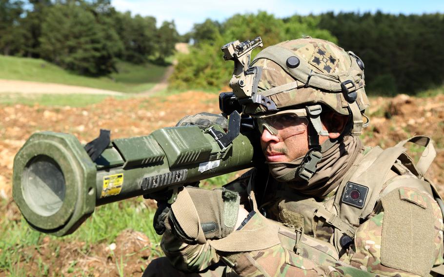 U.S. Army Sgt. Joshua Oliver of the 4th Infantry Division looks down the sights of a training AT-4 during Exercise Combined Resolve VIII at the Hohenfels Training Area, Hohenfels, Germany, June 7, 2017.