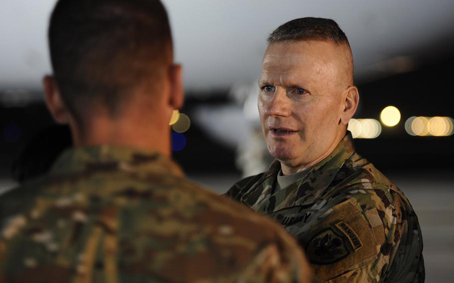 Command Sgt. Maj John Wayne Troxell, right, the senior enlisted advisor to the chairman of the Joint Chiefs of Staff,  visited Fort Jackson, S.C., in April 2017.